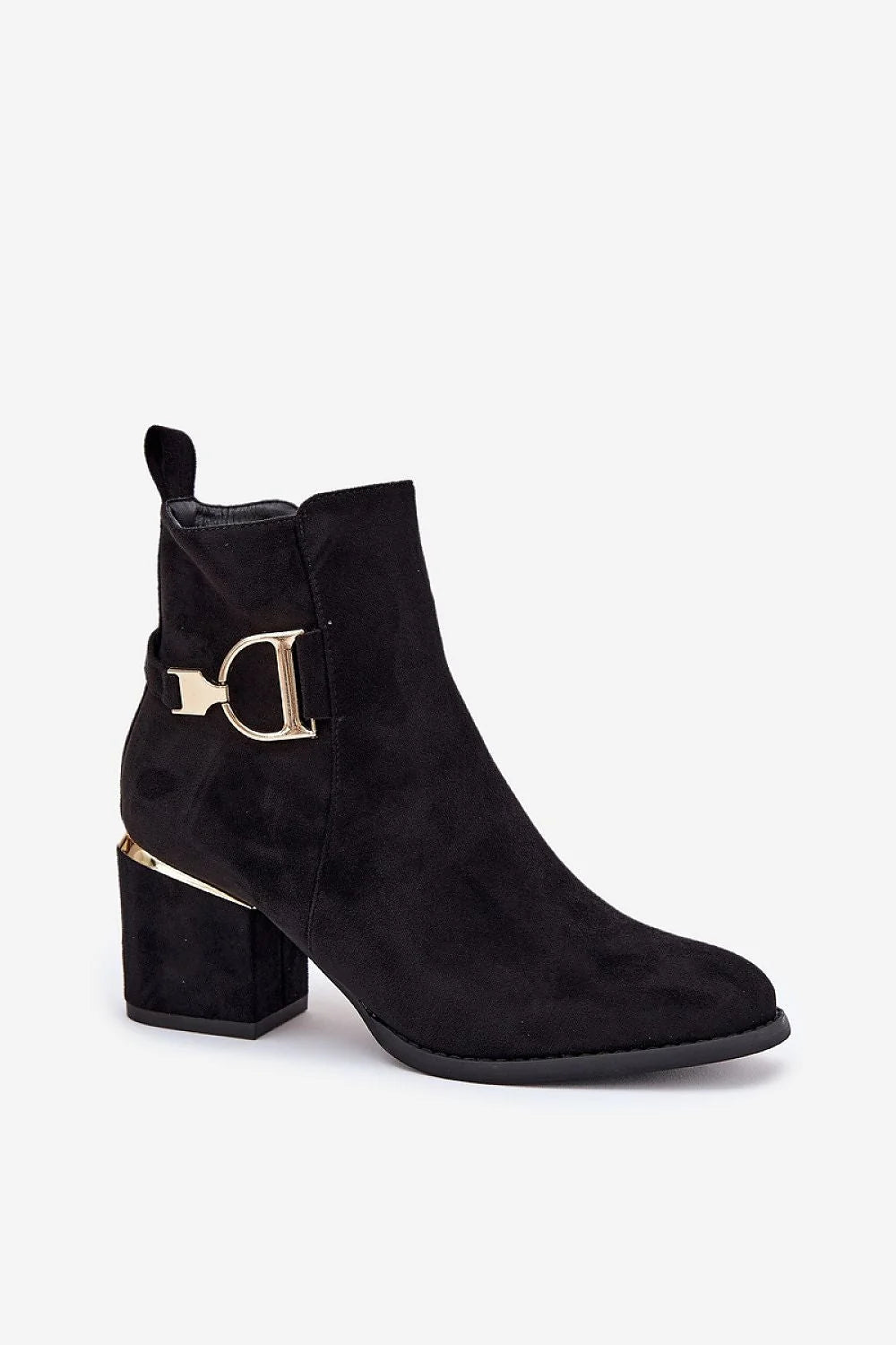 bottines femme cheville daim écologique noir talon colonne 7cm bout amande fermeture éclair doublure douce chaude confortable boucle latérale dorée