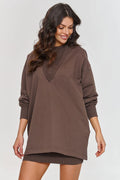 Sweatshirt long Makadamia pour femme en coton couleur marron chocolat coupe oversize manches longues encolure en V