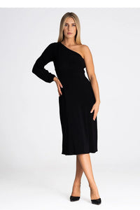 robe cocktail midi asymétrique monoépaule manche longue bouffante resserrée poignet taille cintrée jersey stretch mat fluide fendue noire élégante sophistiquée