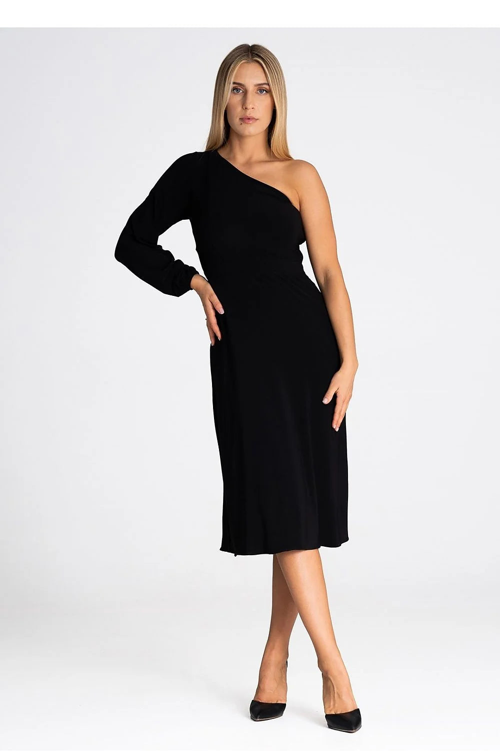 robe cocktail midi asymétrique monoépaule manche longue bouffante resserrée poignet taille cintrée jersey stretch mat fluide fendue noire élégante sophistiquée