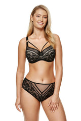 Ensemble lingerie soutien-gorge balconnet rembourré dentelle florale tulle transparent culotte mi-haute armatures baleines corset noir bretelles ajustables anneaux