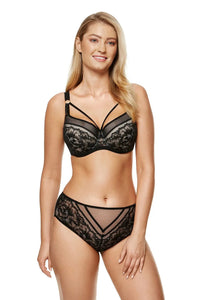 Ensemble lingerie soutien-gorge balconnet rembourré dentelle florale tulle transparent culotte mi-haute armatures baleines corset noir bretelles ajustables anneaux