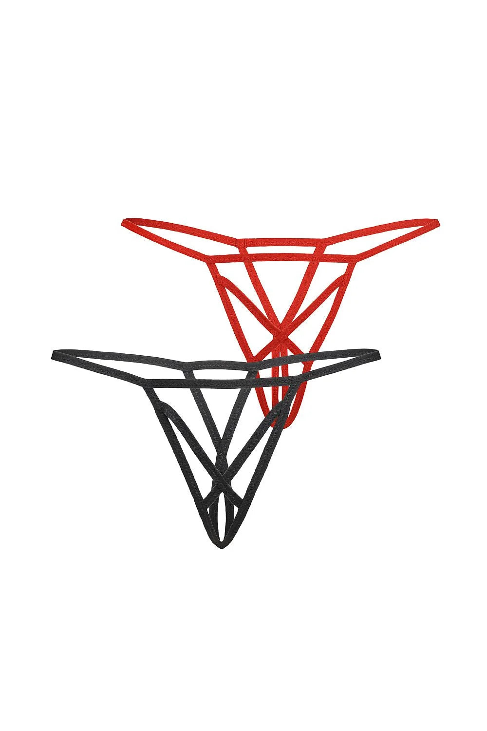 ensemble strings lot deux micro minimalistes noir rouge taille basse lanières fines élastiques cage géométriques découpes ouvertes entrejambe sensuelle ajustement