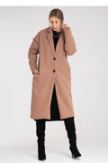 manteau long femme oversize camel tissu texturé chevron twill coupe droite mollets col tailleur classique boutons noirs poches latérales emmanchures