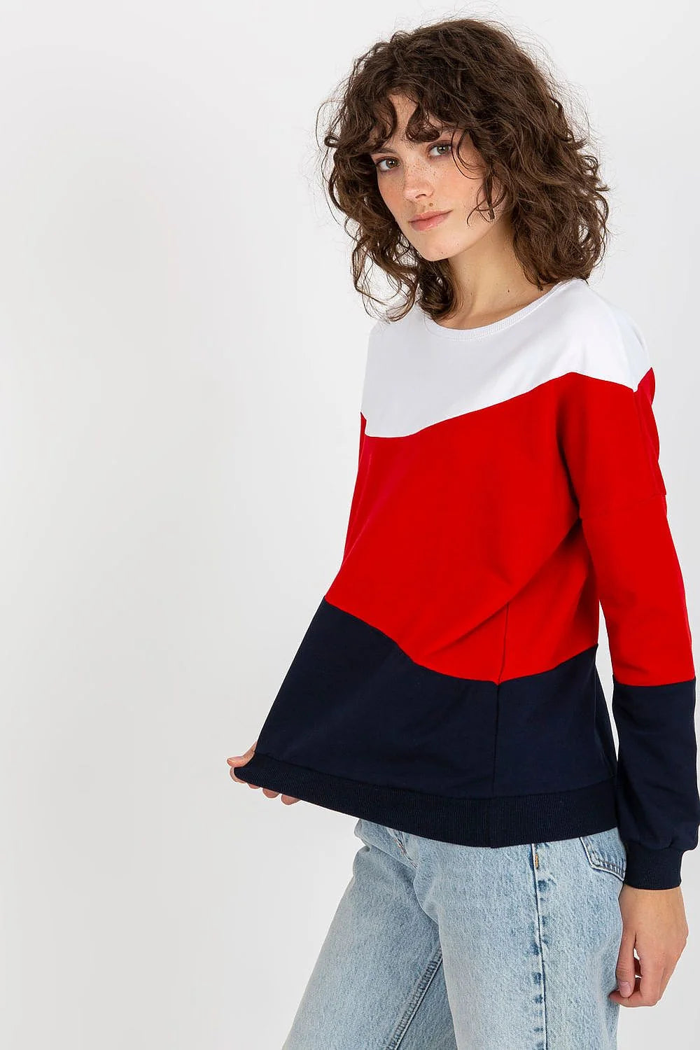 Sweatshirt Relevance pour femme en coton blanc, rouge et bleu marine, coupe ample, manches longues, encolure ronde, style moderne