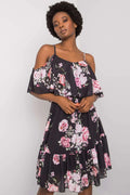 Robe de jour élégante imprimée floral rose blanc vert robe midi manches courtes épaules nues femmes Polyester Viscose