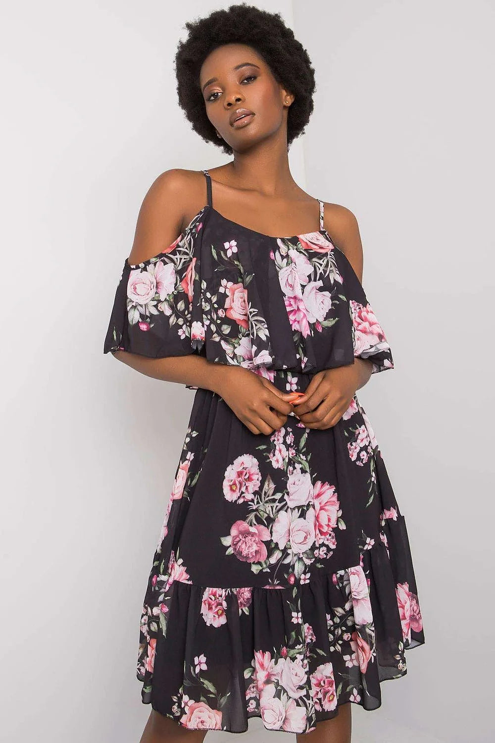 Robe de jour élégante imprimée floral rose blanc vert robe midi manches courtes épaules nues femmes Polyester Viscose