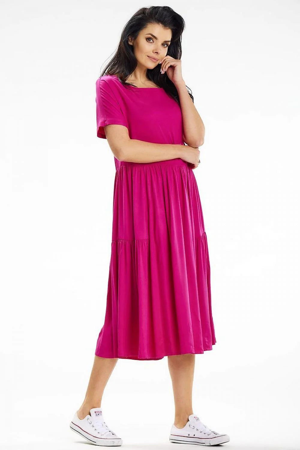 Robe de jour awama rose vif manches courtes encolure bateau jupe évasée fronces matière fluide elasthanne viscose