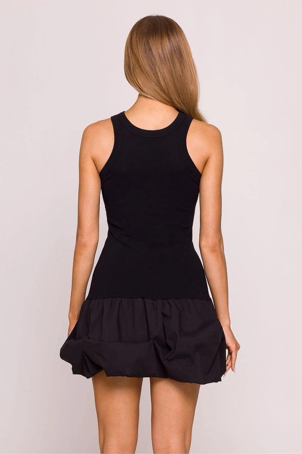 Robe de jour élégante moderne femme style contrasté confortable couleur noire sans manches ajustée jupe évasée coton rigide