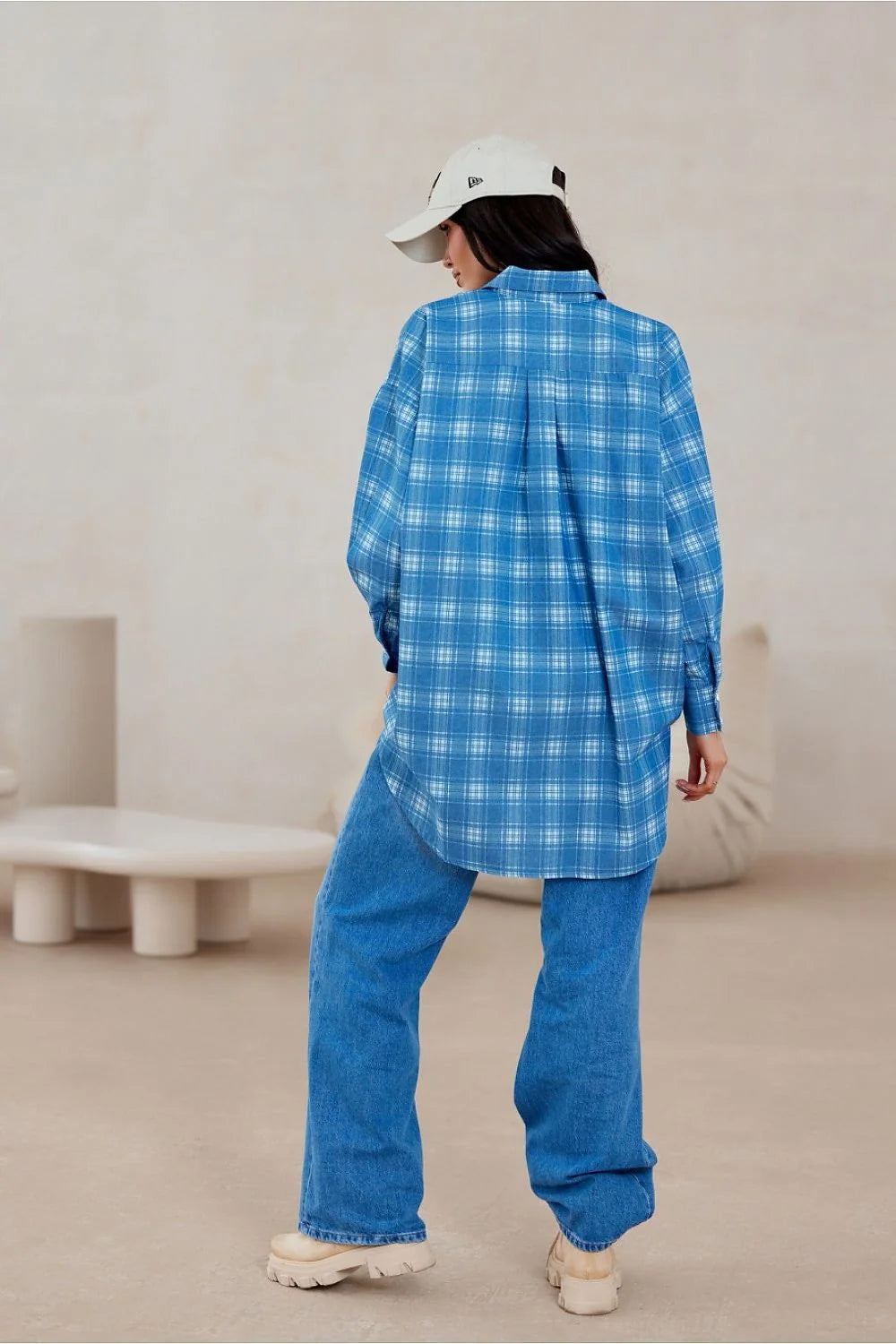 Chemise manche longue motif carreaux coton 100% coupe oversize boutons décoratifs femme style décontracté