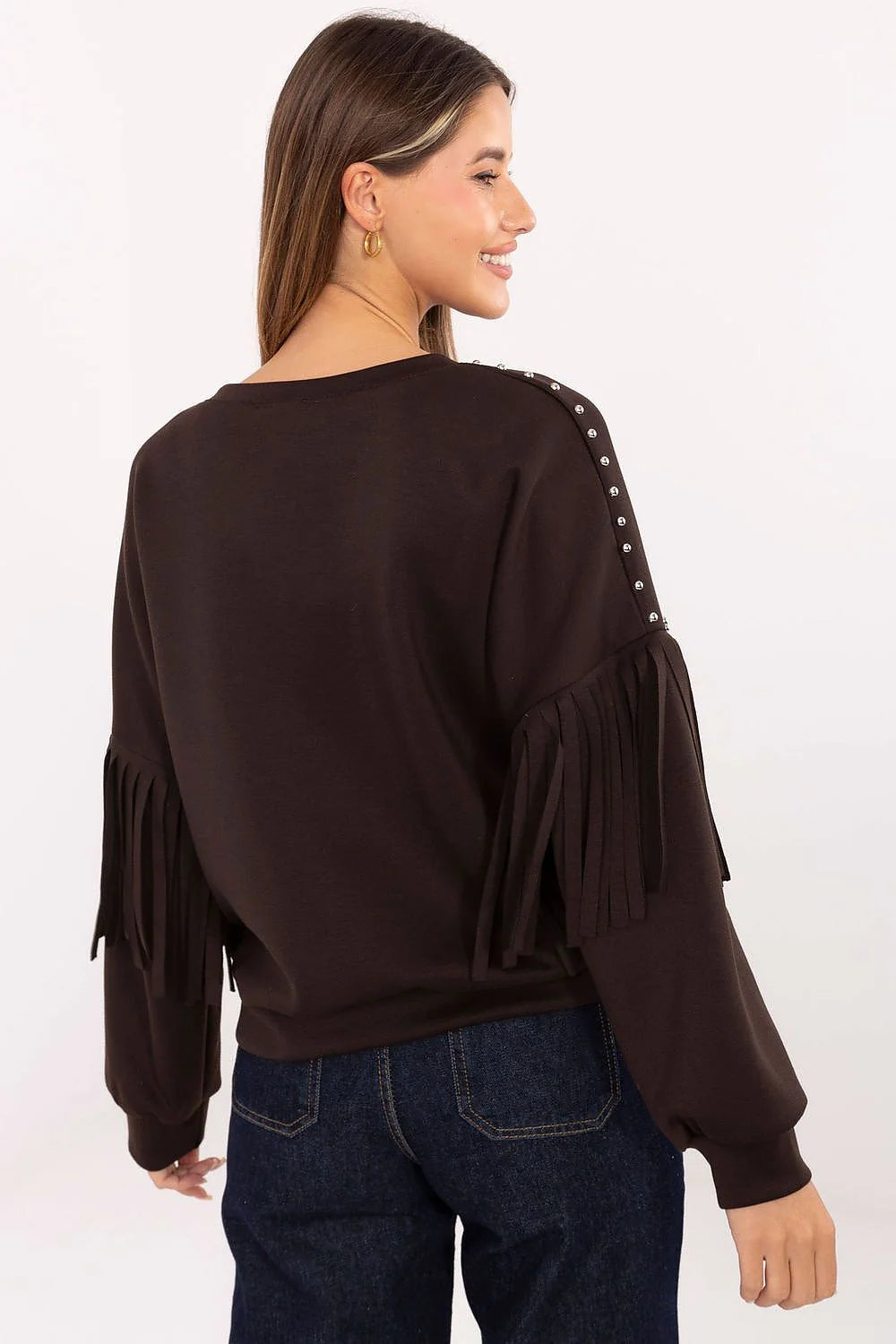 sweatshirt femme marron chocolat col rond coupe décontractée molleton doux viscose polyester manches longues franges style western clous métalliques épaules