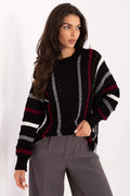 pull oversize femme maille acrylique noire rayures bordeaux gris blanc col rond manches longues ballon coupe ample ajouré