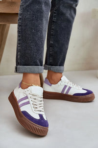 Chaussures sport femmes design moderne cuir naturel violet semelle épaisse lacets blancs confortables occasion quotidienne