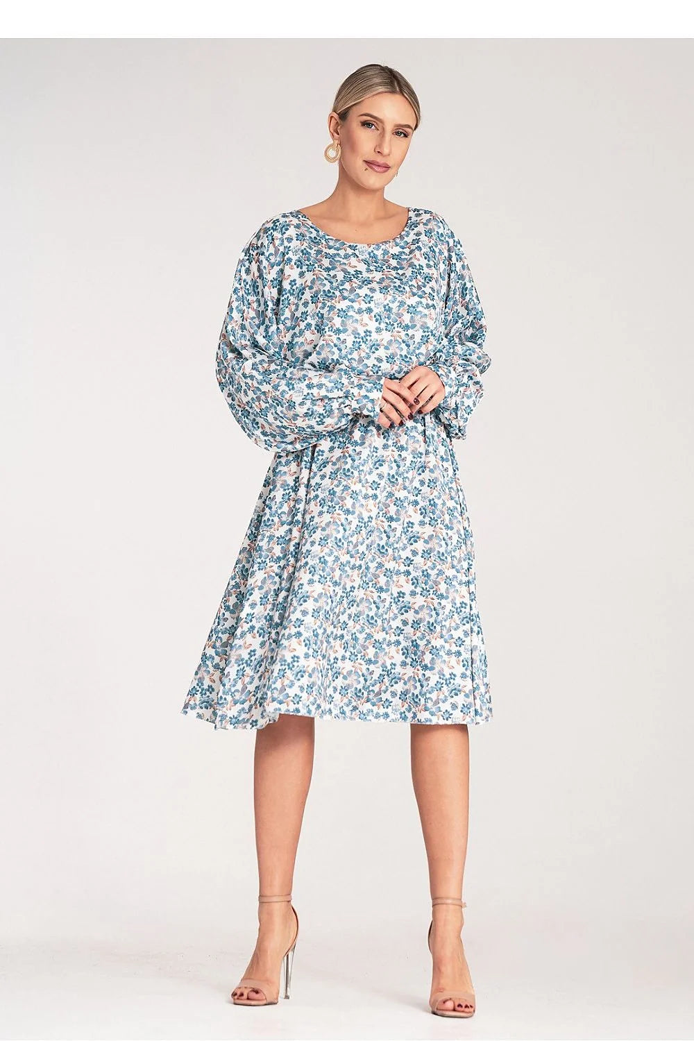 Robe de jour élégante en satin floral manches amples taille élastiquée pour femme longueur midi