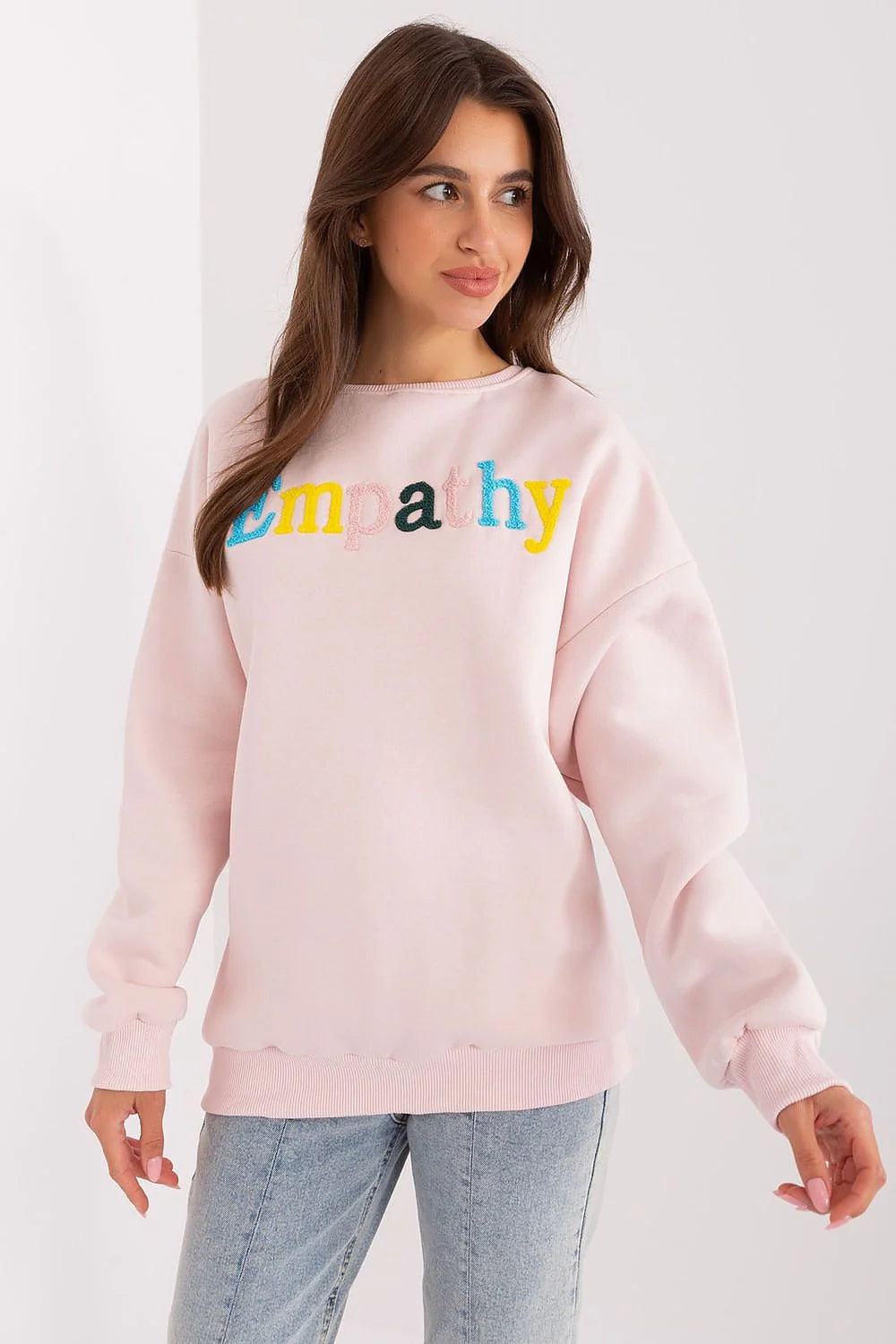 Sweatshirt femme design moderne Empathy brodé coloré rose pâle coton polyester manches longues col rond occasion quotidienne