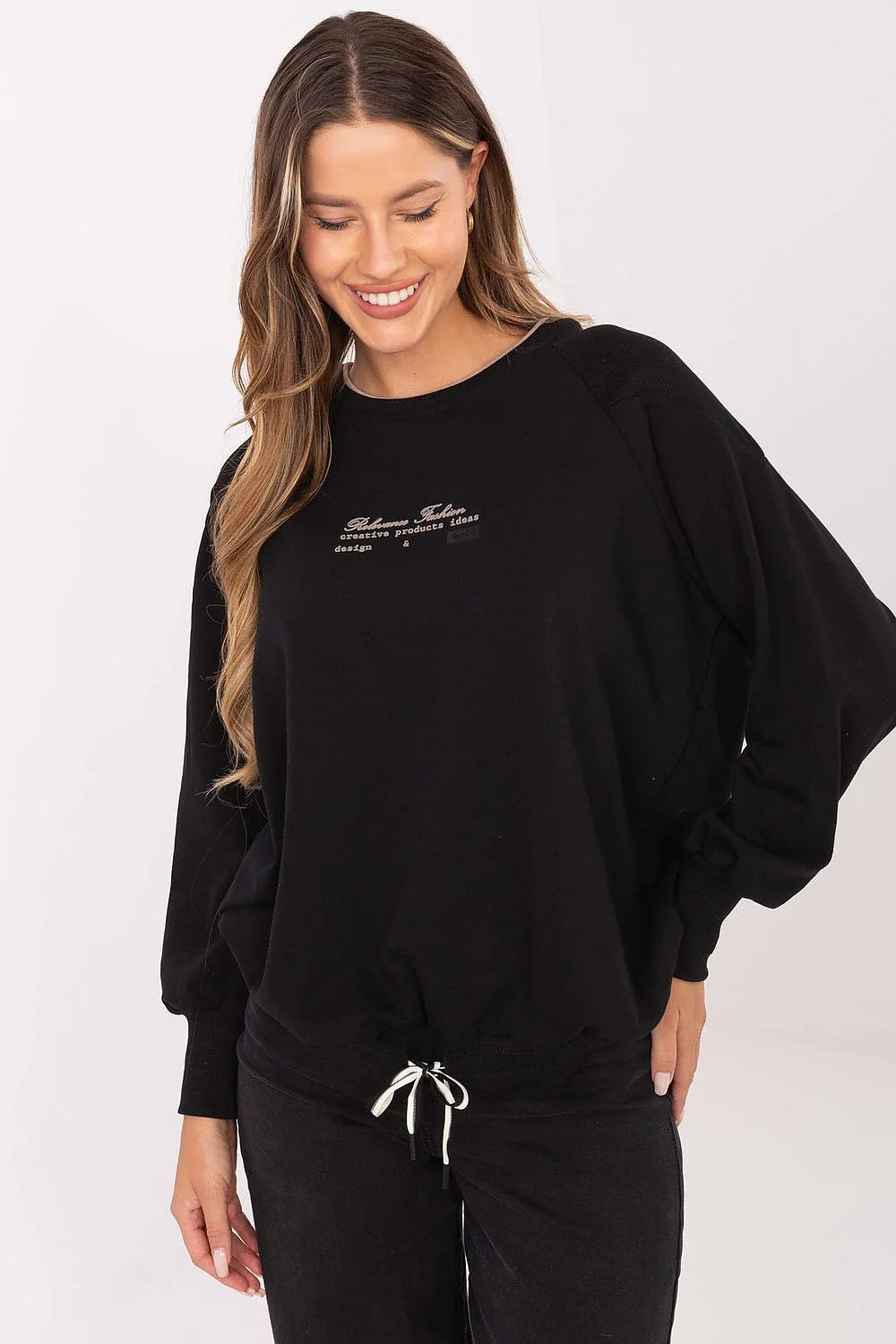 sweatshirt femme noir oversize boxy coupe ample col rond manches raglan tombantes molletonné doux coton polyester