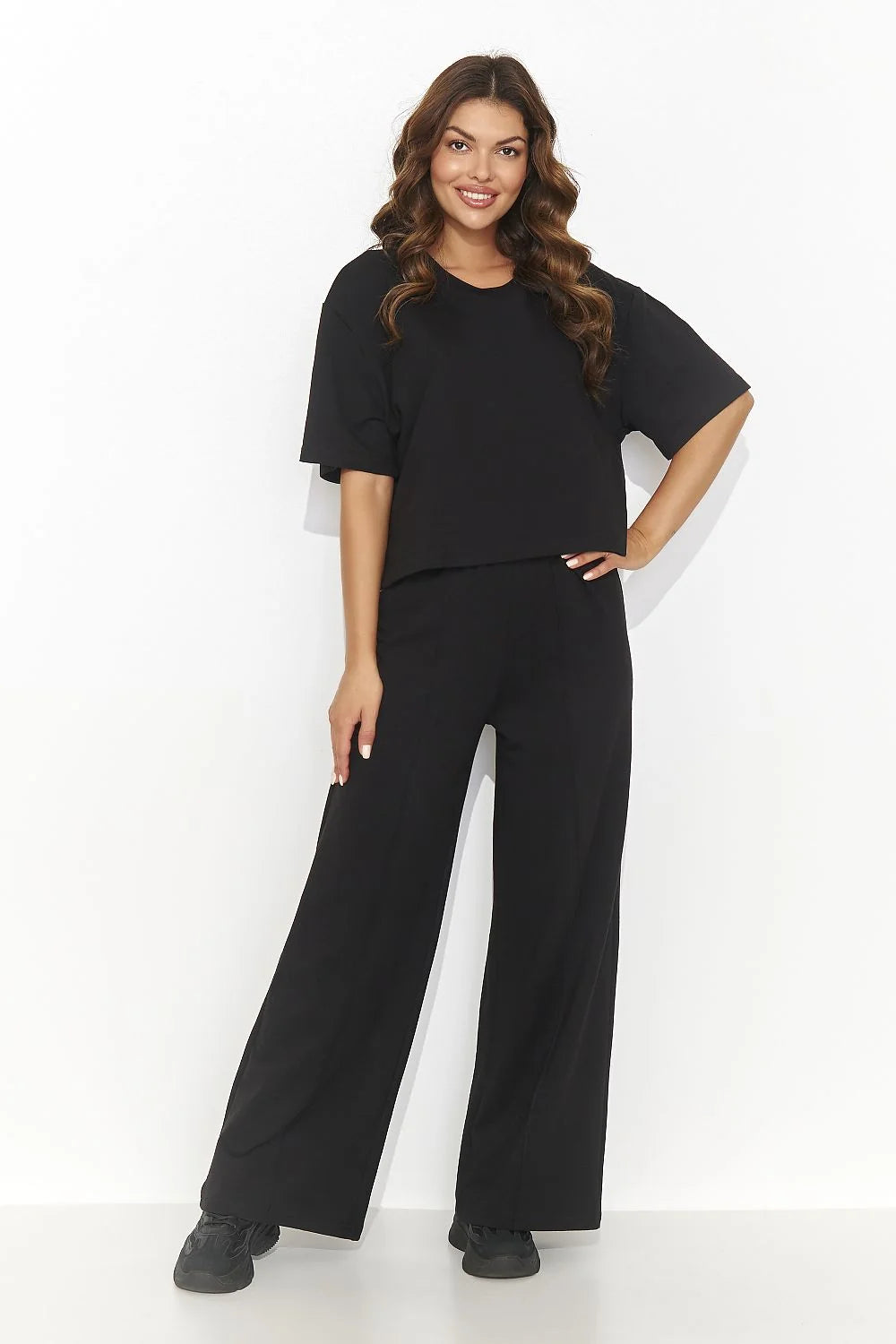 Ensemble femme noir élégant loose top et pantalon large en jersey coton confort style moderne