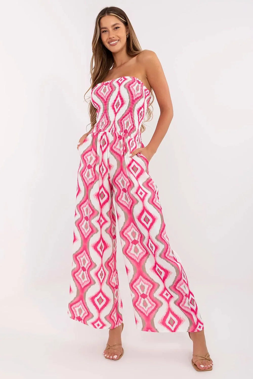 combinaison bandeau smockée taille marquée palazzo fluide poches latérales ikat géométrique rose fuchsia blanc gris estivale confortable femme ItalyModa