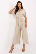 Combinaison femme élégante beige clair style décontracté en viscose nylon ceinture ajustable manches courtes encolure V croisée