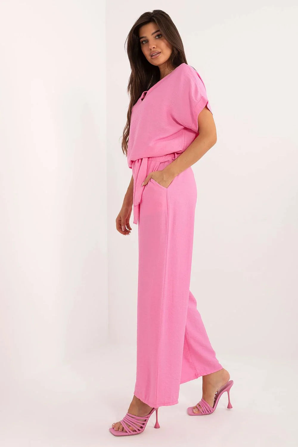 Ensemble pour femme style décontracté et élégant Italy Moda col en V manches courtes ceinture à nouer rose vif