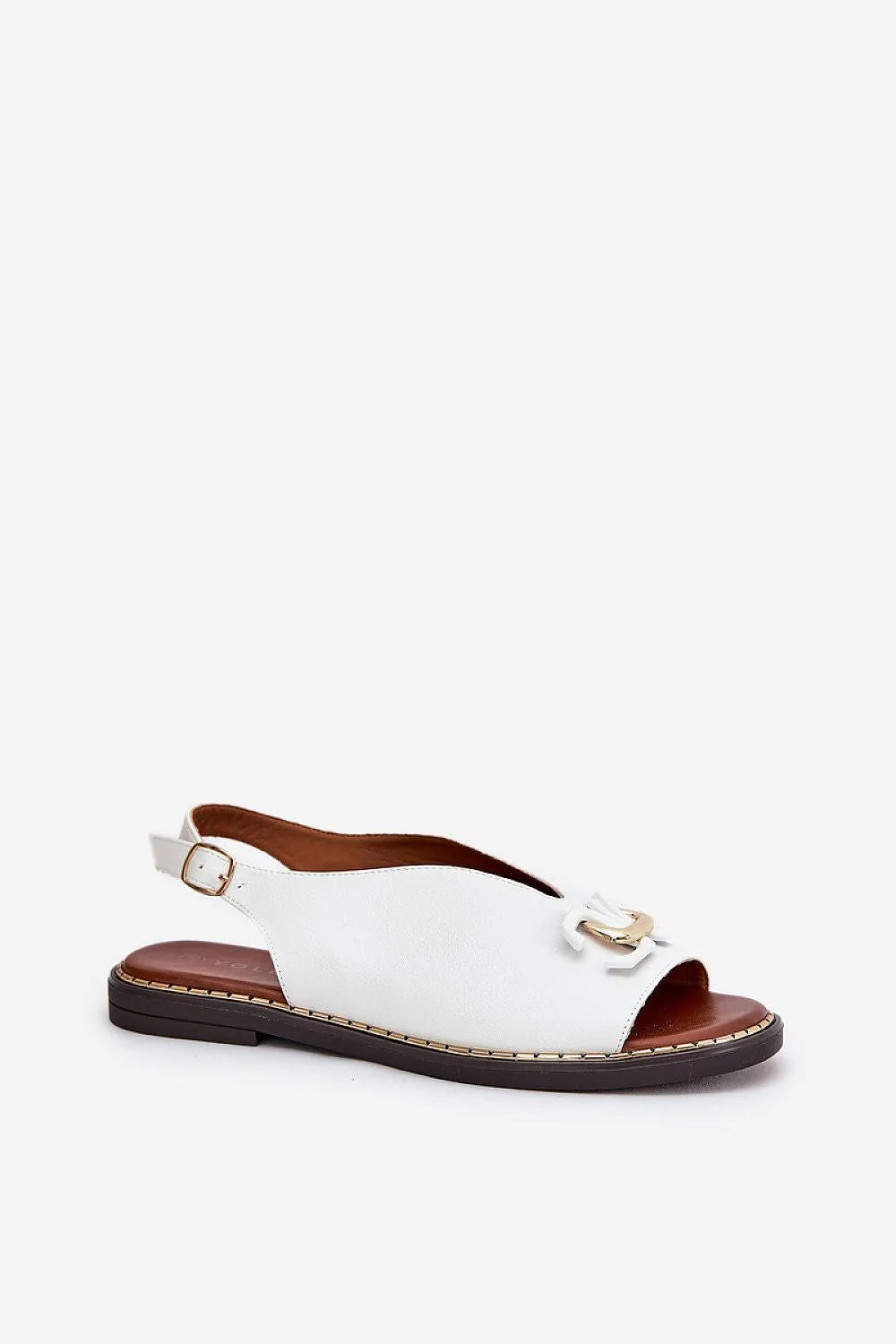 Sandales ouvertes femmes cuir blanc moderne métal doré talon plat ajustable été