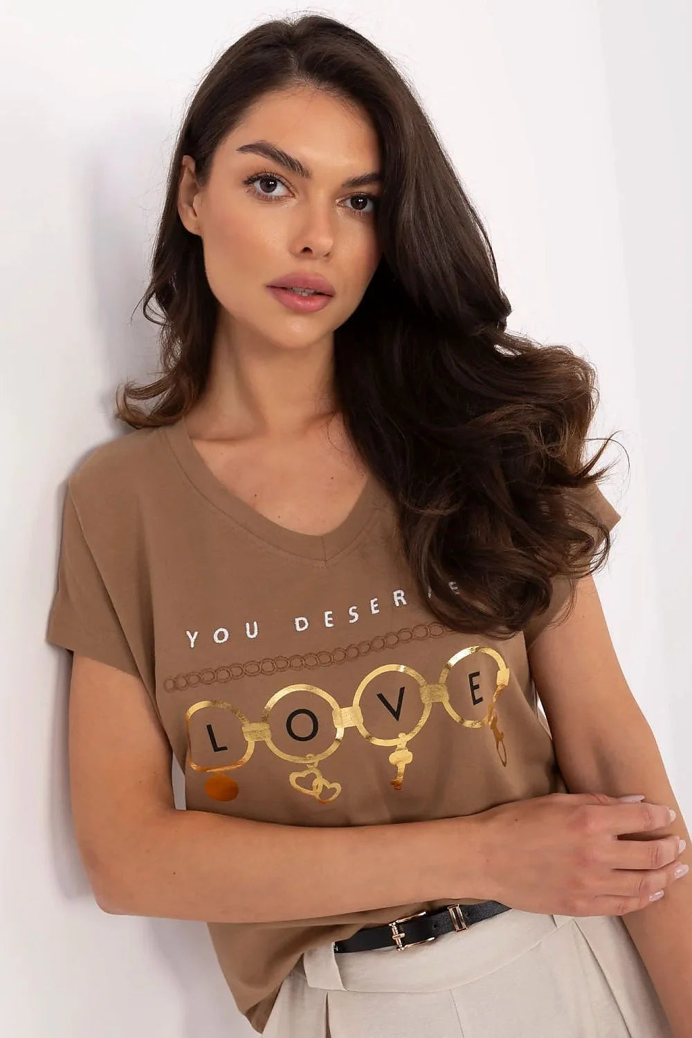 T-shirt décontracté YOU DESERVE LOVE doré en V femme tunique élégante beige pantalon fluide occasion sortie quotidien