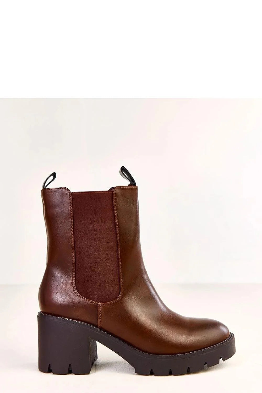 bottines femme cuir synthétique marron chocolat chelsea mi mollet empiècements élastiques latéraux zip intérieur talon bloc sept centimetres