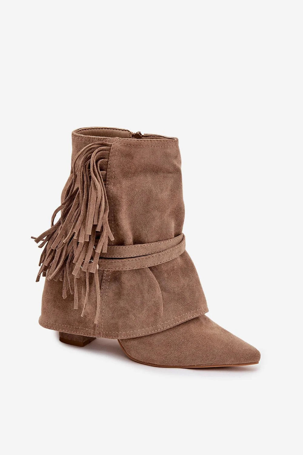 bottines femme suédine écologique taupe chelsea pointu talonbloc franges lanières bouclesdorées bridecroisée fermeturezippée drapée confortables élégantes bohème western