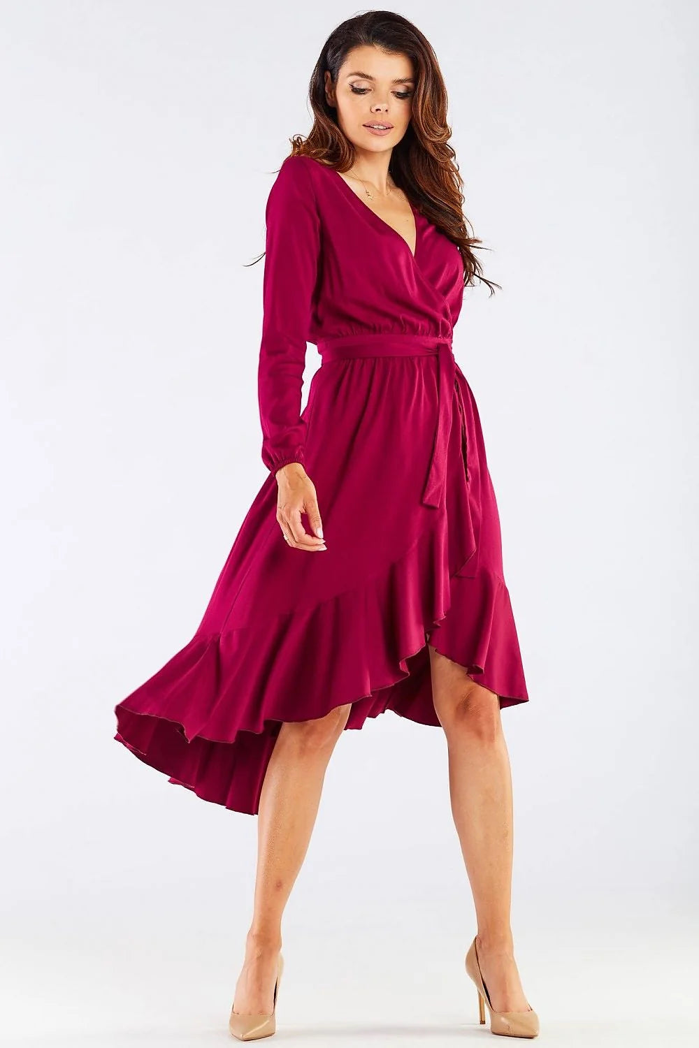 robe cocktail élégante viscose bordeaux portefeuille midi cintrée ceinture intégrée manches longues asymétrique volants cascade ourlet fluide léger