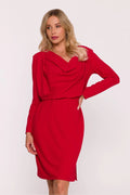 robe crayon rouge satinée lisse encolure V sensuelle drapée manches longues taille cintrée ceinture élastique fente latérale midi