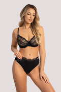 ensemble lingerie noire dentelle tulle élégante raffinée balconnet armatures pushup bretelles ajustables culotte taille haute microfibre satinée florale