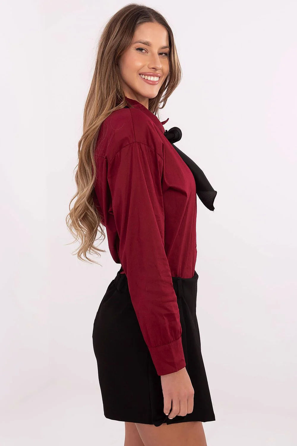 Chemise manche longue Italy Moda rouge profond nœud noir broche strass coton féminine occasion spéciale