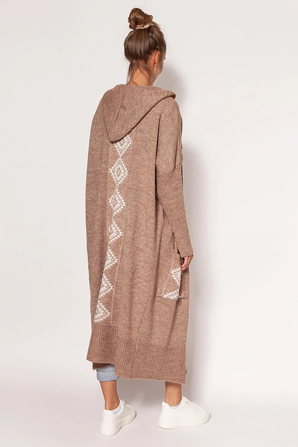 Cardigan pour femme en acrylique et laine, style décontracté, capuche et poches, longueur totale 120 cm