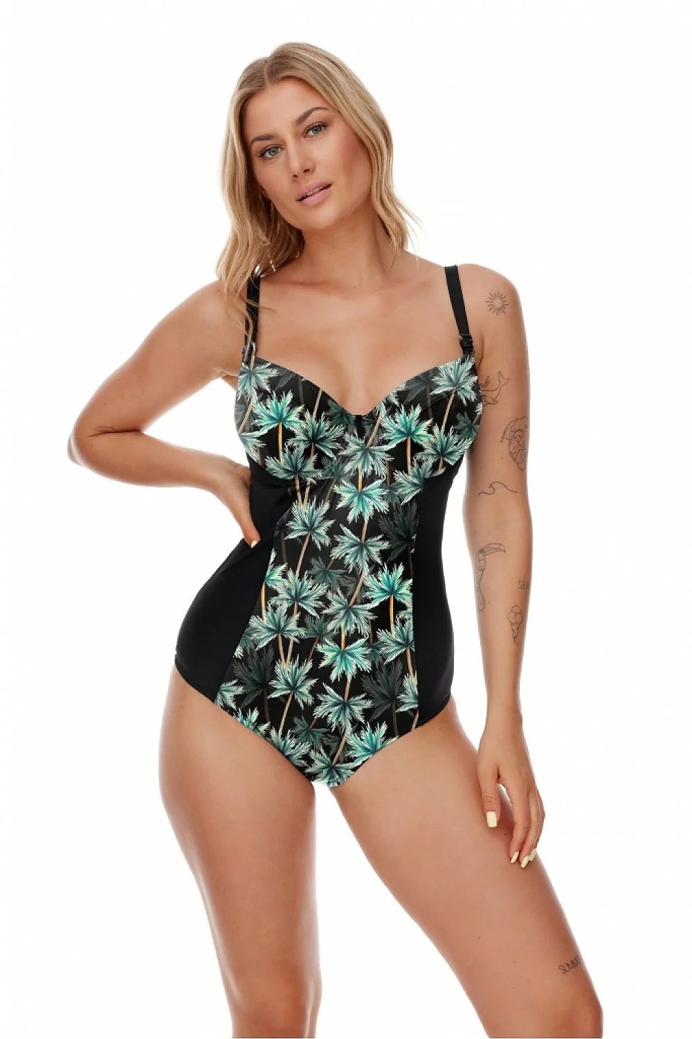 Maillot de bain une pièce femme motif tropical palmiers noir plage piscine ajusté soutien-gorge bretelles réglables élégant modernité été