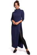 Robe longue élégante coupe droite col montant manches trois-quarts fente latérale coton polyester femme occasionnels
