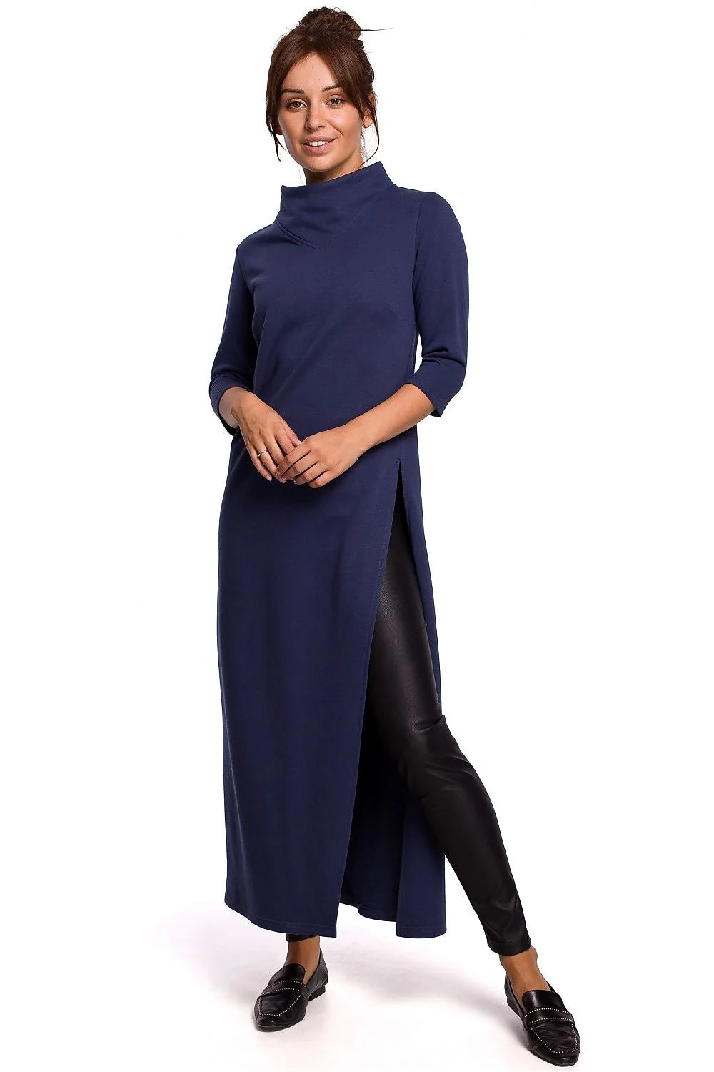 Robe longue élégante coupe droite col montant manches trois-quarts fente latérale coton polyester femme occasionnels