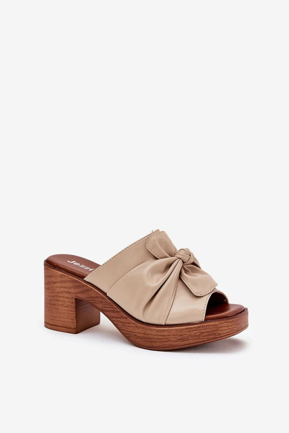 Mules à talon carré en similicuir beige avec nœud décoratif pour femmes, style estival chic