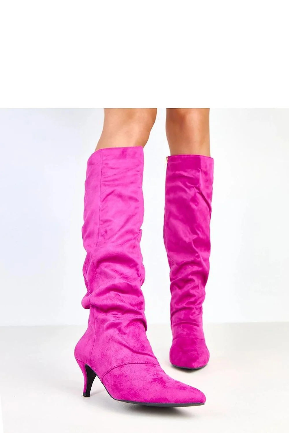bottes femme cuir suédé écologique fuchsia hauteur genou tige fermeture éclair latérale bout pointu talon bas 6cm confortable