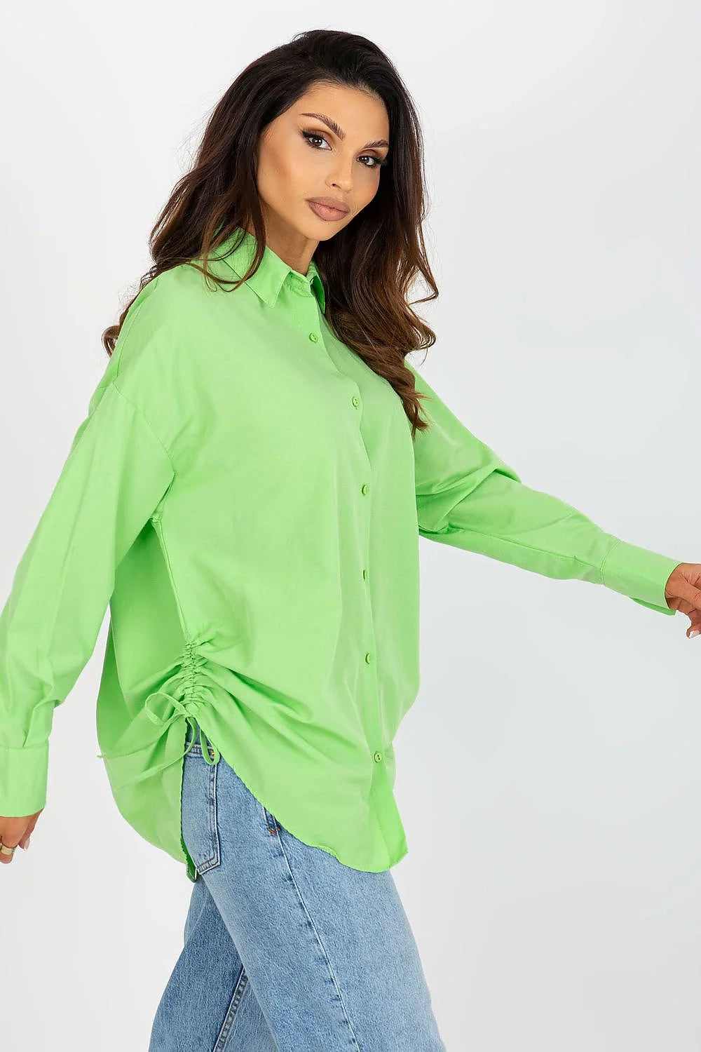 Chemise femme manches longues couleur verte vif loose fit nœuds côtés coton polyester 65 35