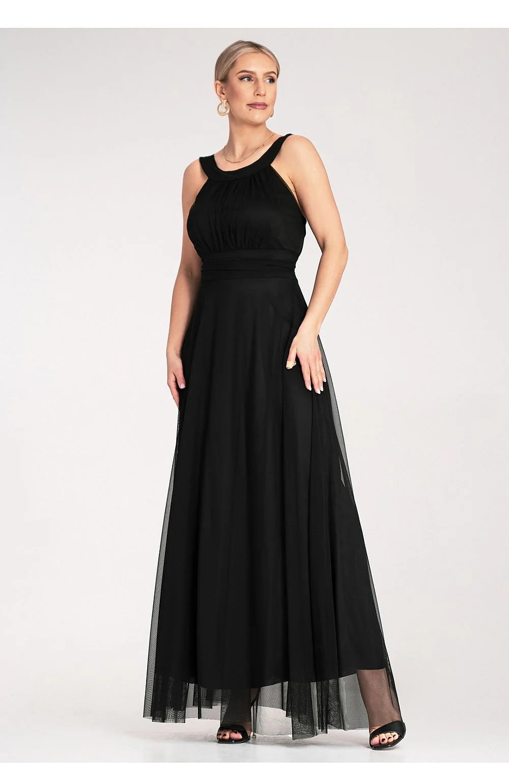 Robe de soirée élégante longue en tissu léger, noire, corsage ajusté, bretelles larges, taille cintrée, polyester 95% elasthanne 5% femme