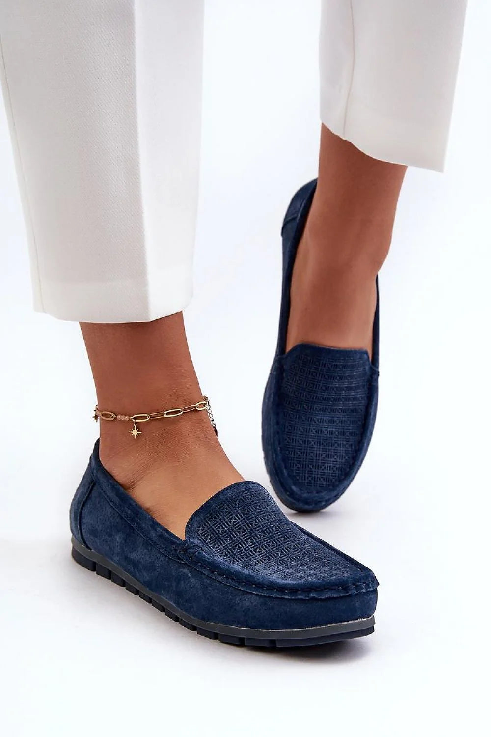 Mocassins pour femme en cuir suédé bleu foncé style classique décontracté confortable tige 5cm