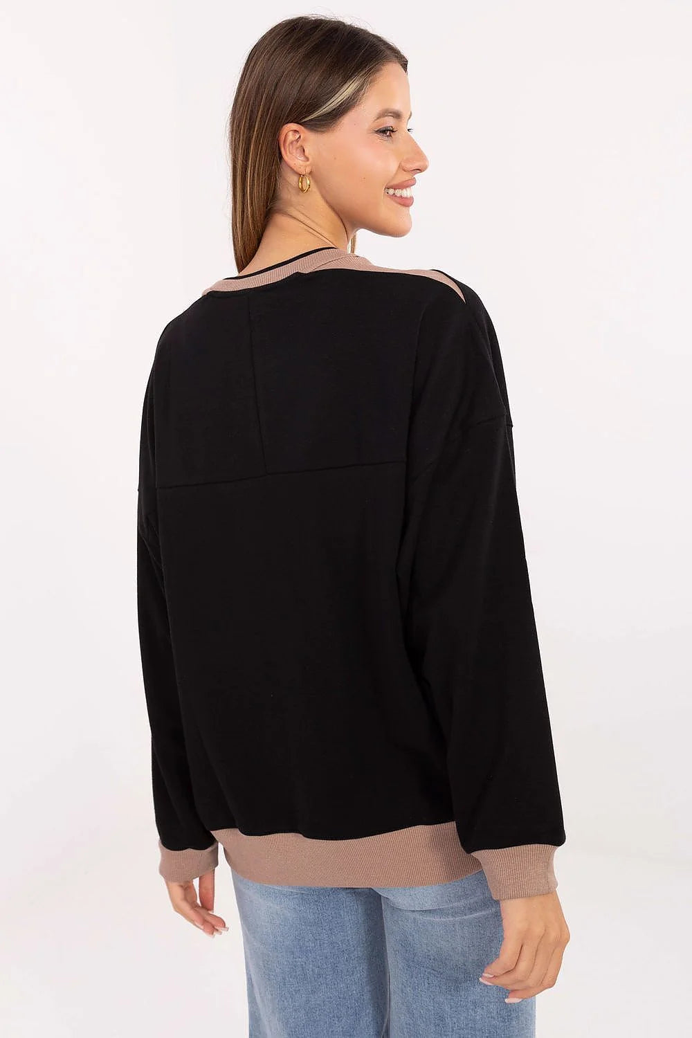 sweatshirt femme oversize col rond manches bouffantes épaules tombantes noir finitions côtelées taupe broderie centrale molletonnée coton polyester