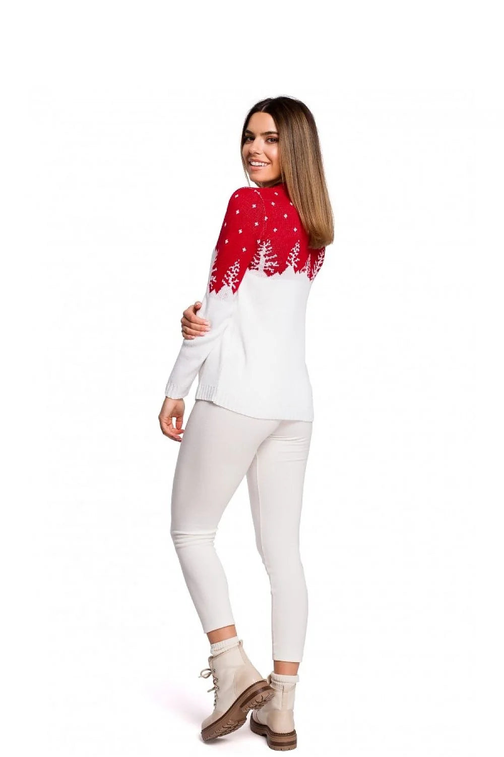 Pull tricot hivernal élégant décontracté motif sapin vert émeraude col rond manches longues femmes