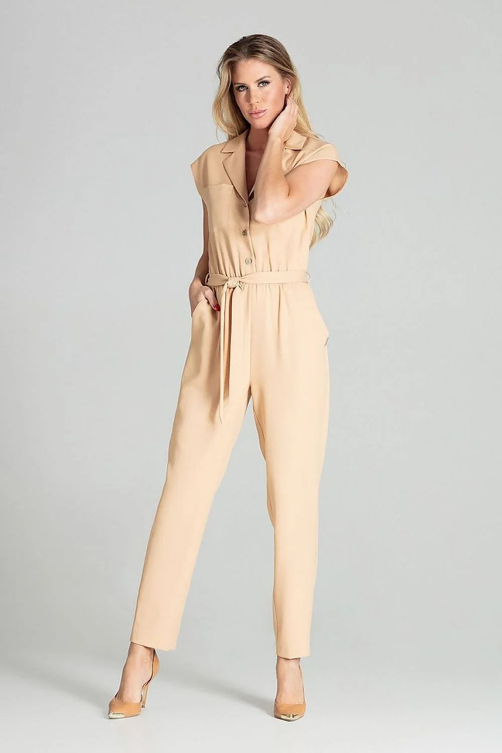 Combinaison femme polyester chic bleu pastel manches courtes ceinture nouée élégante polyvalente taille ajustée
