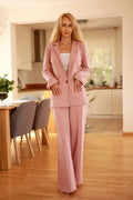 Blazer et pantalon assortis rose pâle élégant coupe droite manches longues taille haute femme