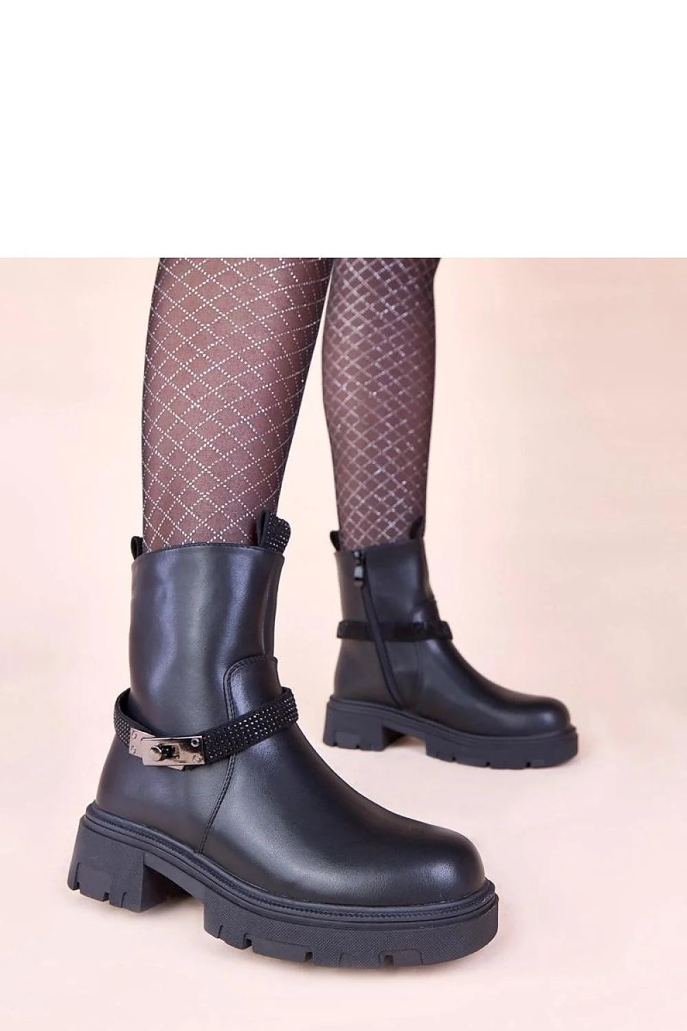 bottines noires Gemre Nathe plateforme zircons cuir synthétique semelle crantée mi cheville bride cloutée boucle métallique fermeture éclair confortables durables