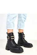 bottines femme cuir écologique noir tige mollet lacets fermeture éclair latérale semelle plateforme crantée talon plat pierres scintillantes chaîne dorée