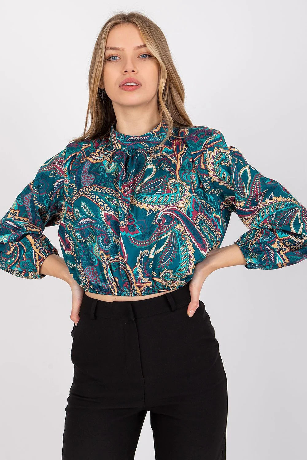 Chemisier bohème multicolore polyester élasthanne manches longues col montant motifs floraux style vintage on femme