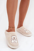 chaussons femme peluche synthétique beige fourrure mules enfilables talon fermé semelle plateforme blanche antidérapante brodée ourson coeur cosy confortable