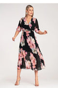 Robe de jour élégante à imprimé floral manches 3/4 taille élastique avec ceinture en tissu fluide pour femme